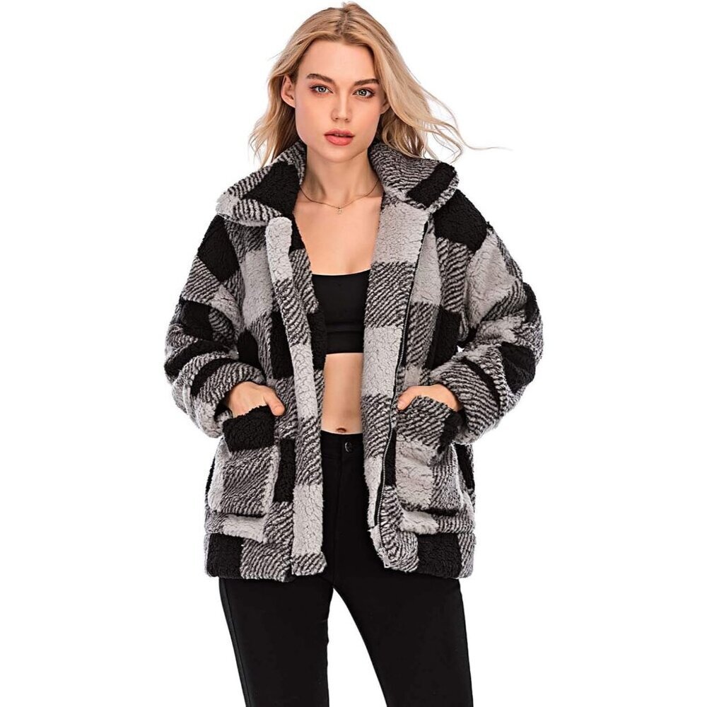 〽️Women's Classic Black Plaid Fleece Zipper Oversized Outwear Coat Warm Jacket